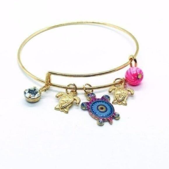 Beaded Sea Turtle Charm Colorful Bangle Bracelet - Picture 4 of 8